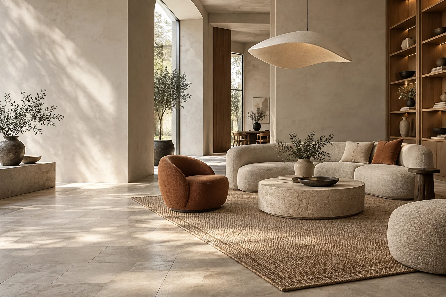 Concept interior: a seating group on a large rug under a suspended light fitting