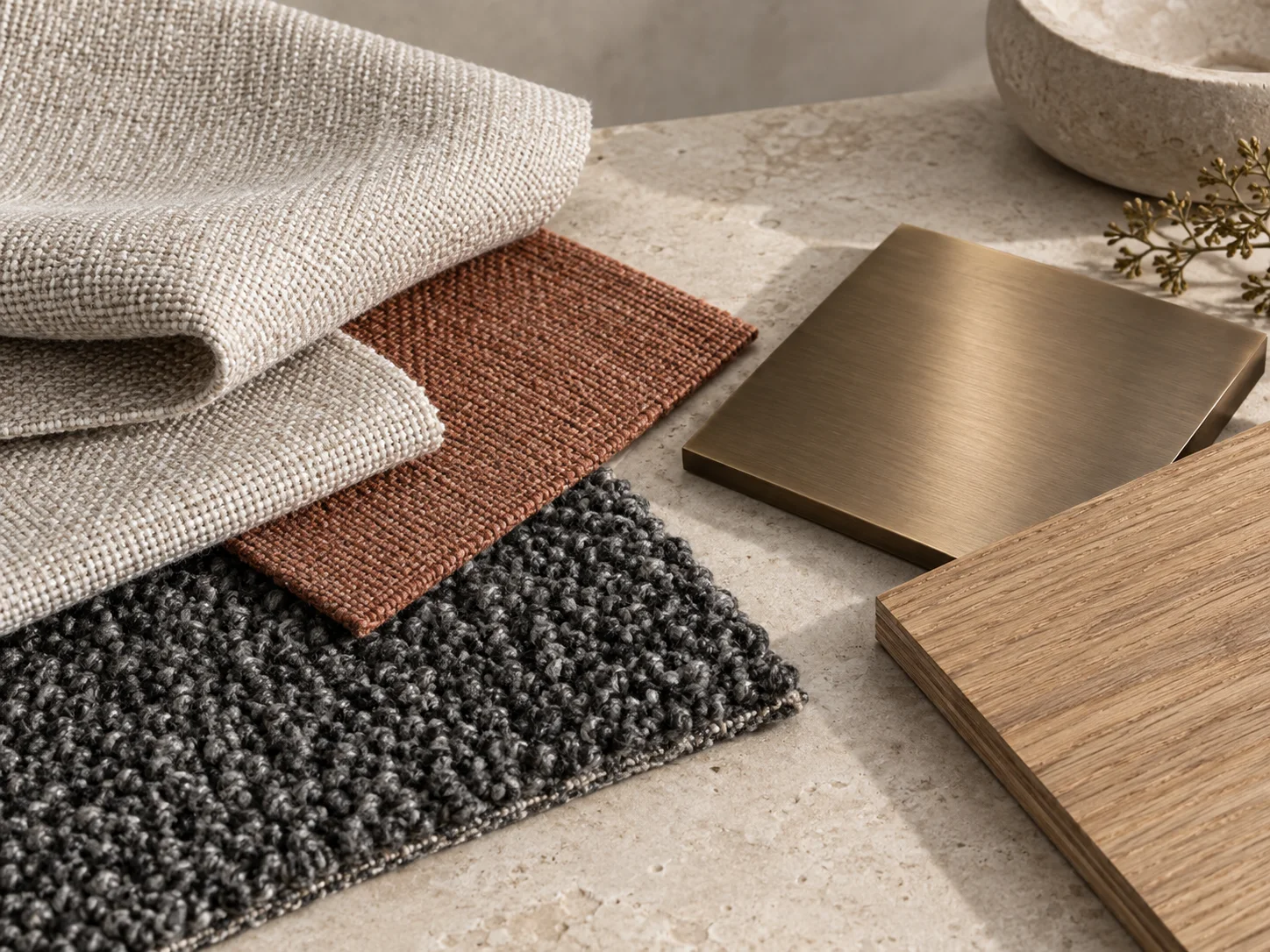 Concept still life of woven carpet and interior textiles